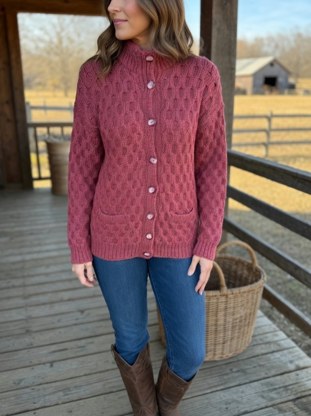 Handmade Women’s Rose Honeycomb Knit Button-Up Cottagecore Cardigan Sweater